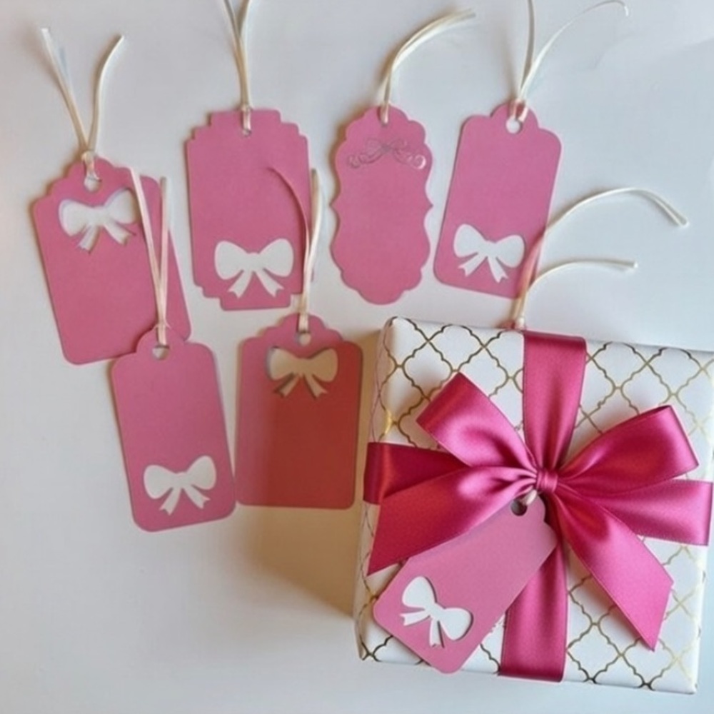 Set of 7 Hand Made Pink Gift Tags with Bow Cutouts